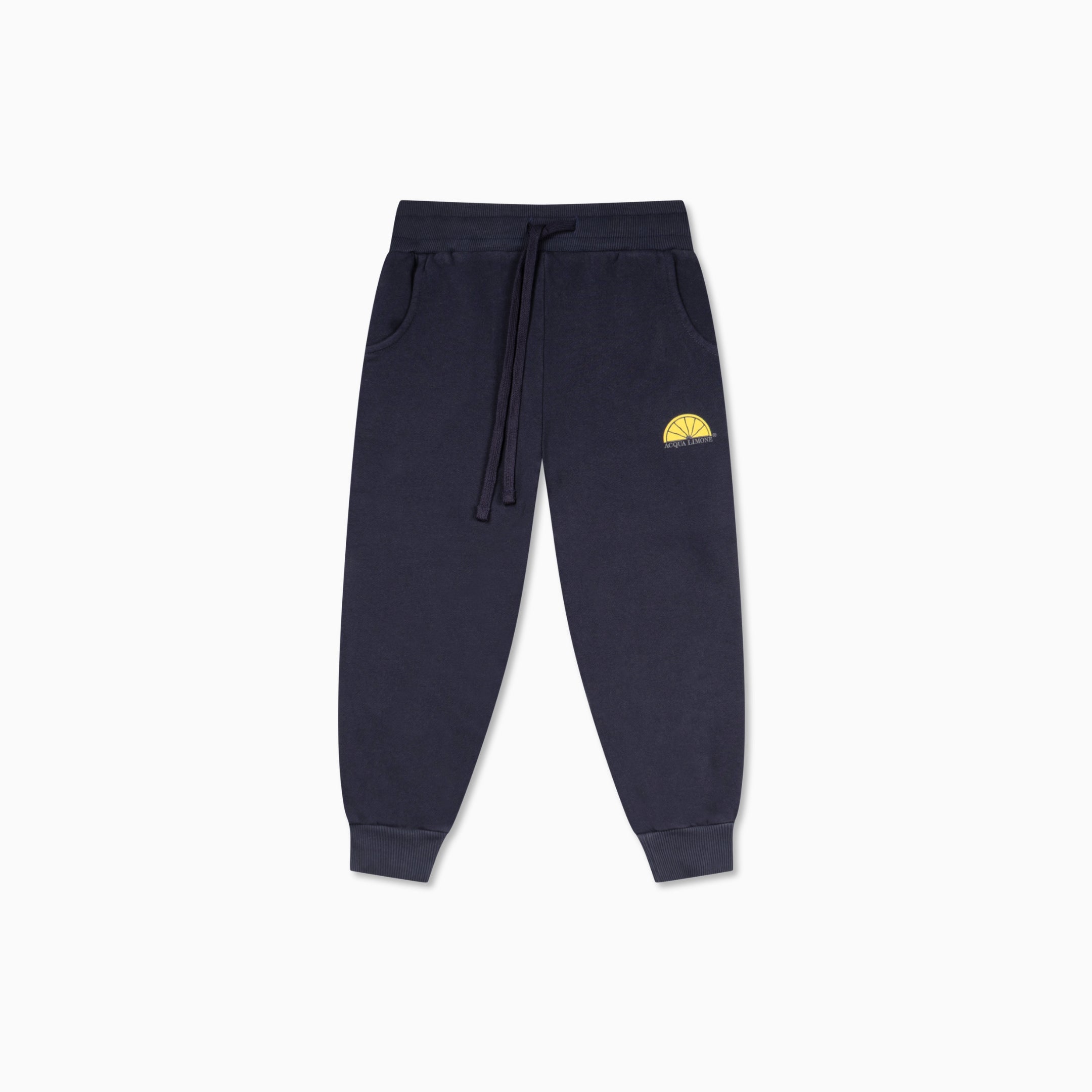 Navy blue sweatpants with a yellow logo on a white background