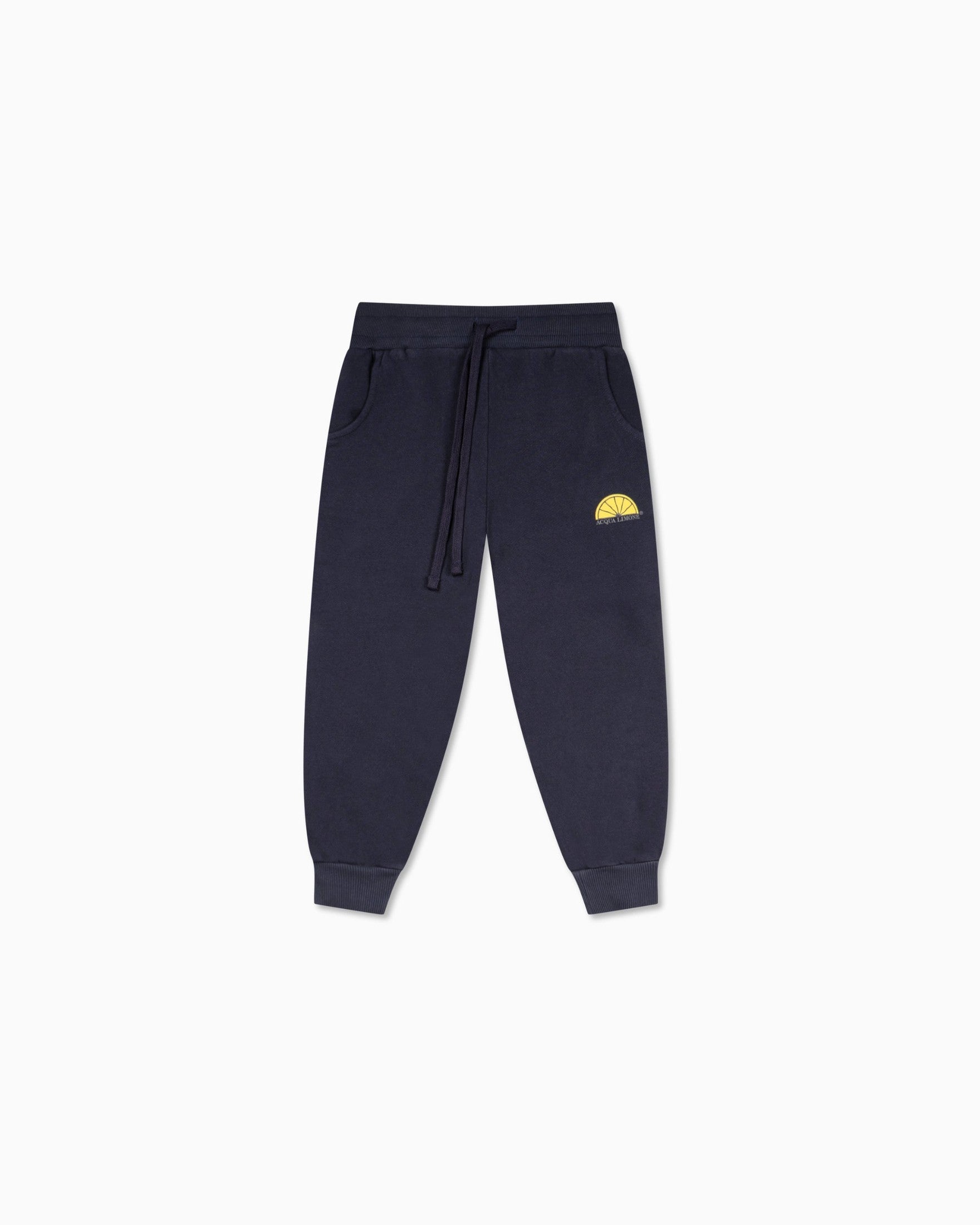 Navy blue sweatpants with a yellow logo on a white background
