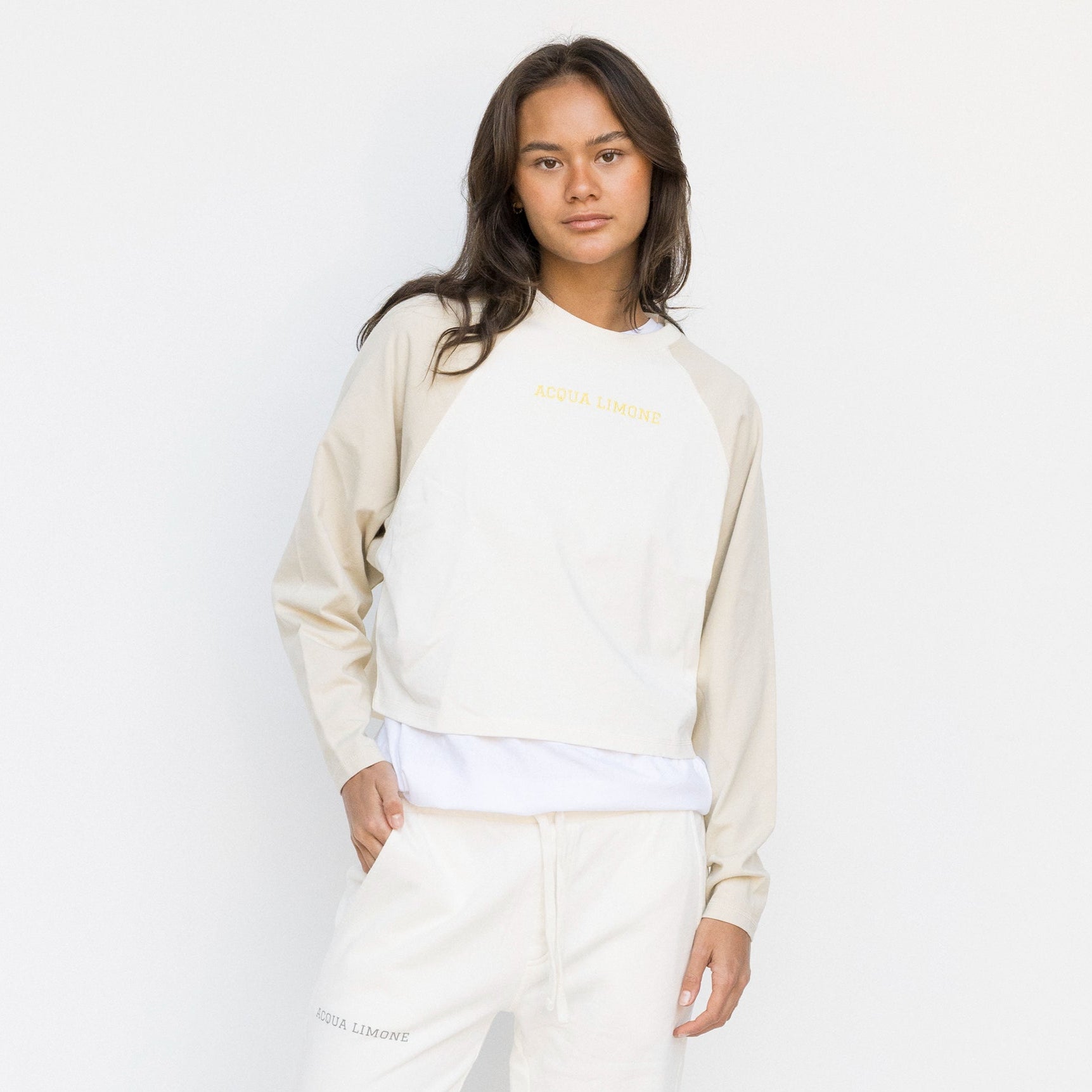 Cropped Varsity LS Tee - Ecru/Khaki