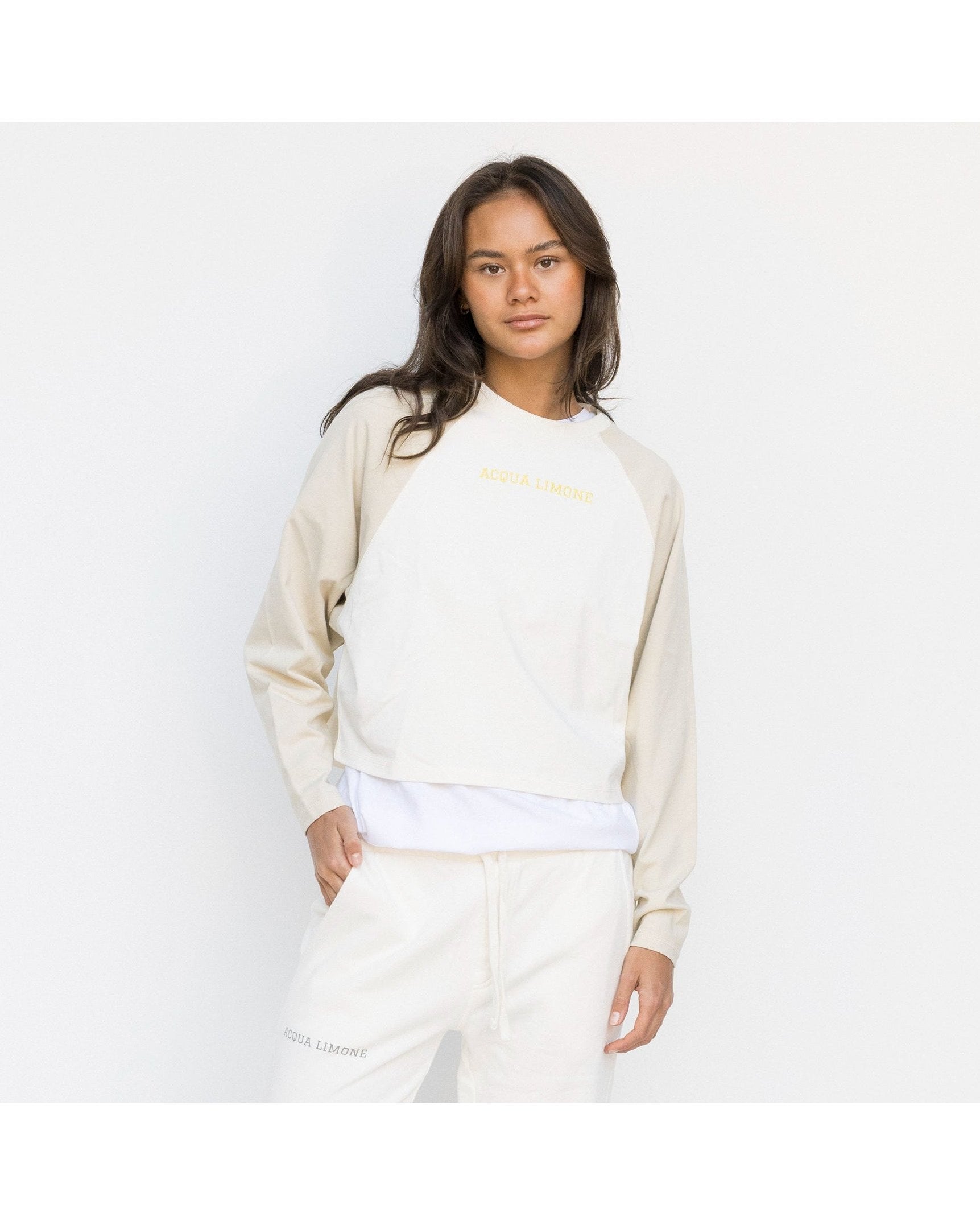 Cropped Varsity LS Tee - Ecru/Khaki - Acqua Limone