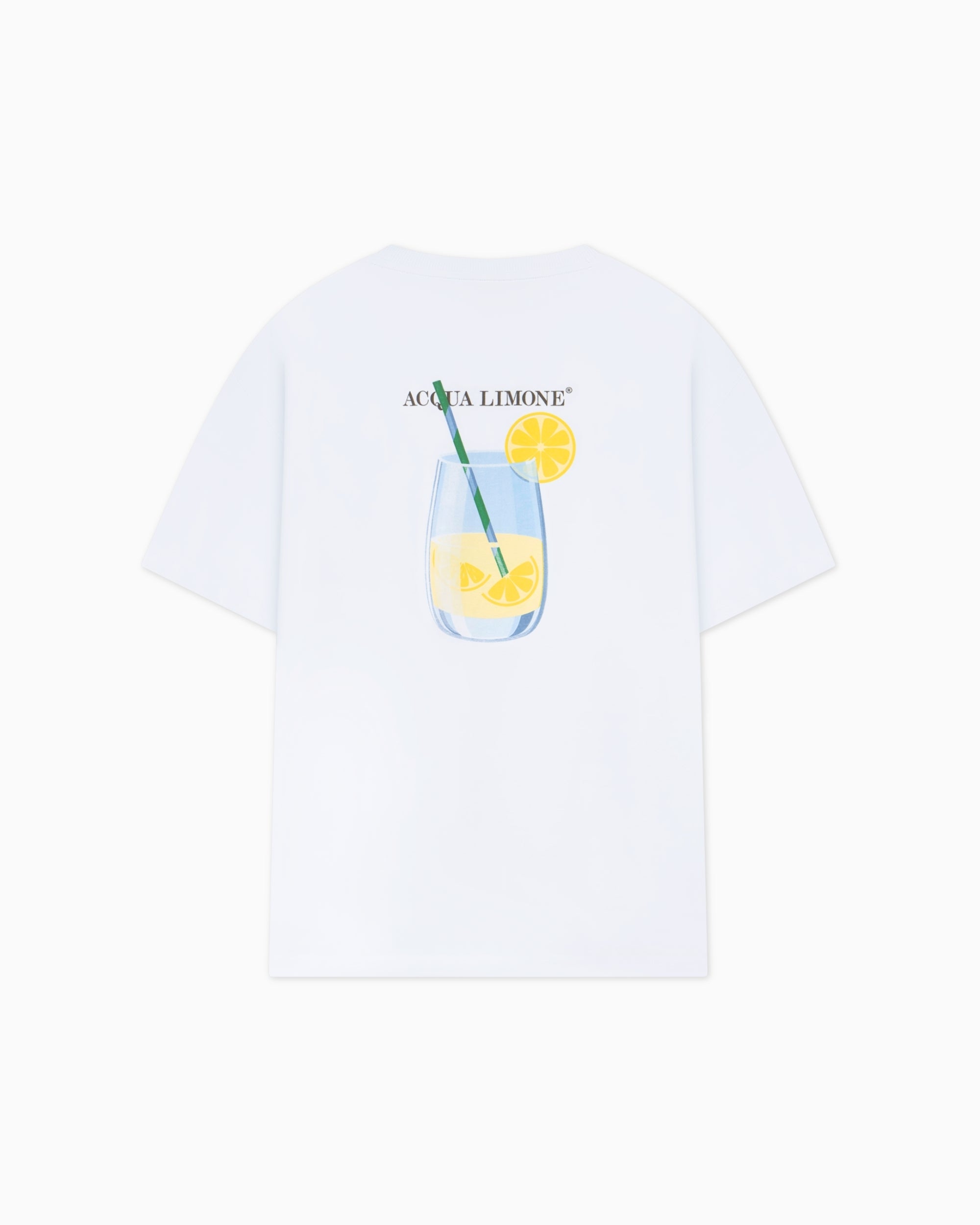 White t-shirt with a drink graphic and 'Acqua Limone' text on a white background