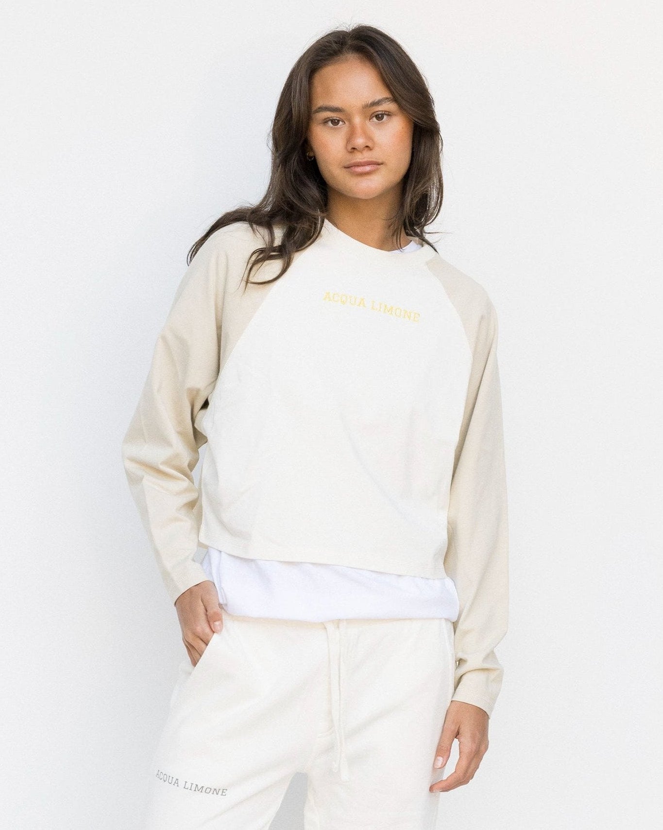 Cropped Varsity LS Tee - Ecru/Khaki - Acqua Limone