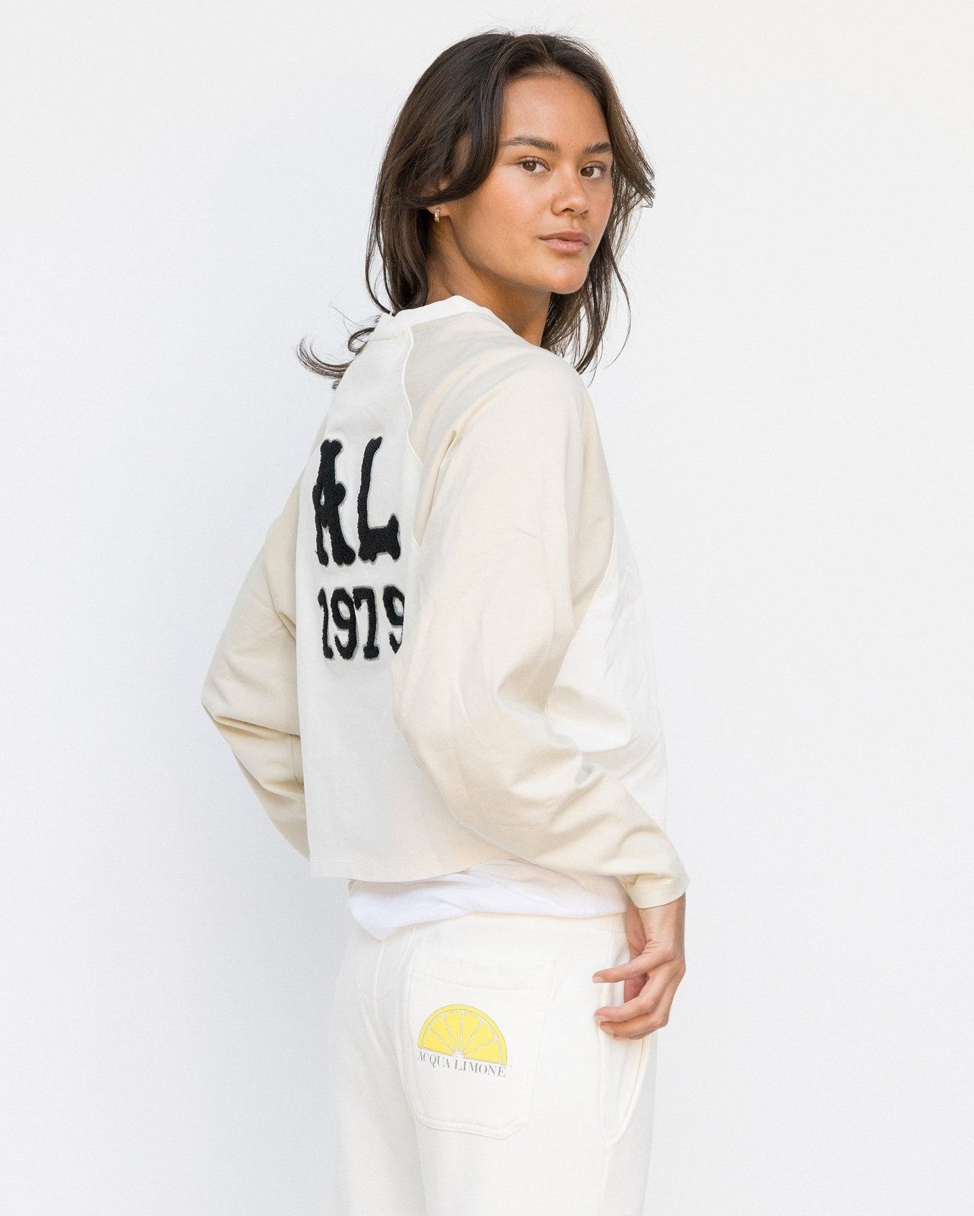 Cropped Varsity LS Tee - Ecru/Khaki - Acqua Limone