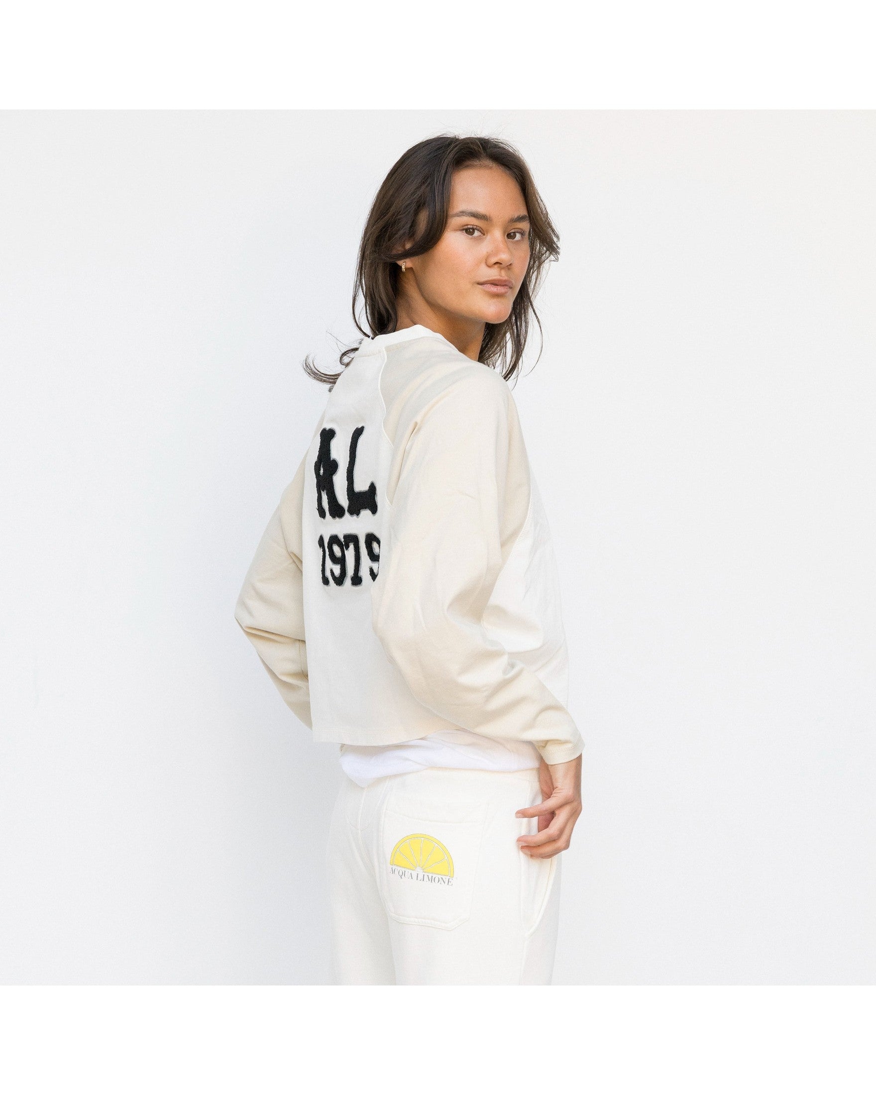 Cropped Varsity LS Tee - Ecru/Khaki - Acqua Limone