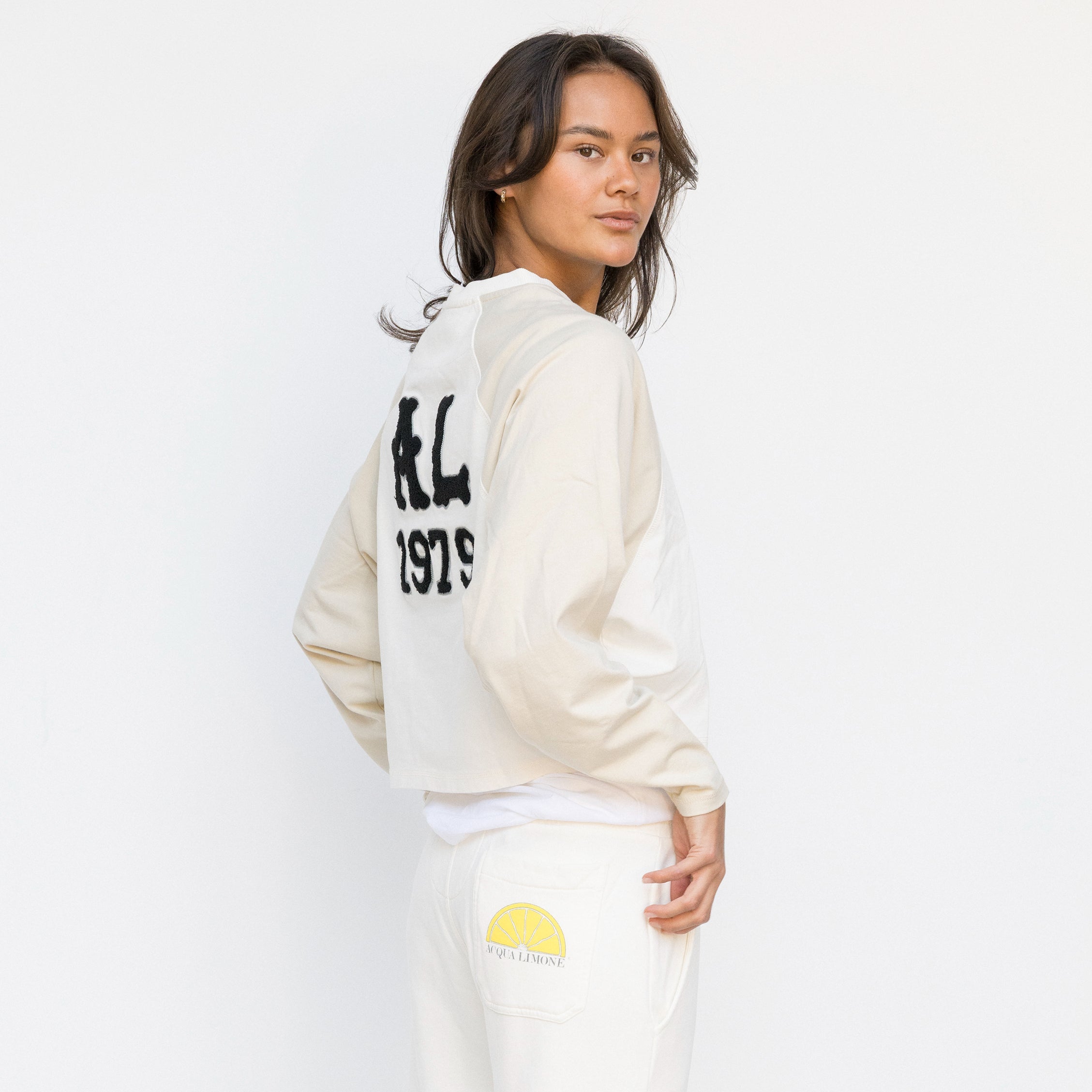 Cropped Varsity LS Tee - Ecru/Khaki